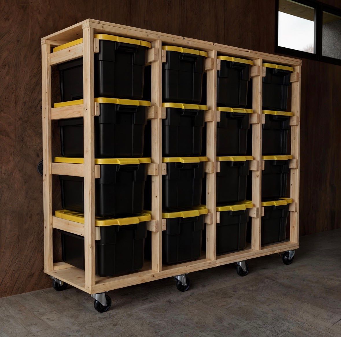 Custom wooden storage shelving on casters